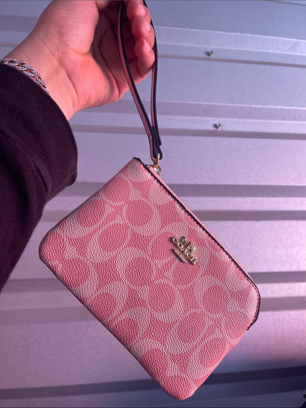 Coach Pink Signature Wristlet with Gold Logo